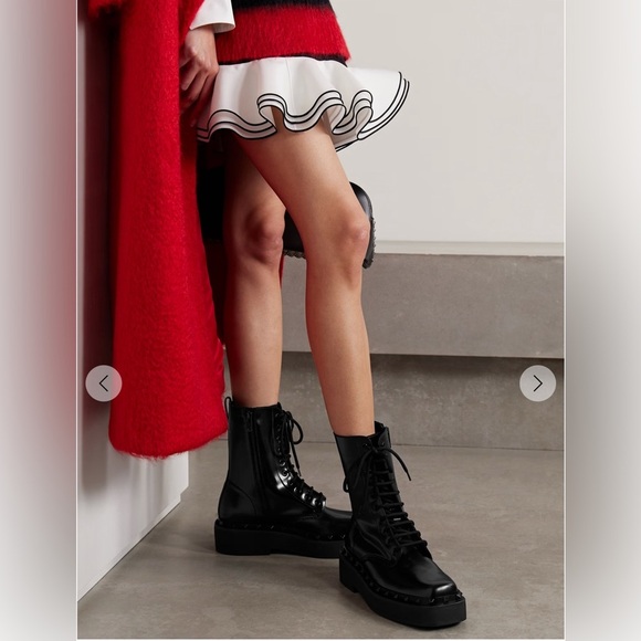 Valentino Garavani - Rockstud embellished glossed-leather ankle combat boots